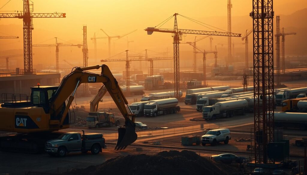 A construction site filled with a diverse array of essential commercial equipment. In the foreground, a large excavator carefully maneuvering around the site, its powerful hydraulic arm ready to tackle heavy-duty tasks. In the middle ground, a tower crane stands tall, its jib gracefully sweeping across the scene, hoisting materials and supplies. In the background, a fleet of trucks and haulers strategically positioned, ready to transport materials and waste. The area is well-lit, with a warm, golden hue casting a productive atmosphere across the site. The overall composition conveys a sense of efficiency, organization, and the seamless integration of specialized equipment that optimizes resource utilization for commercial construction projects.
