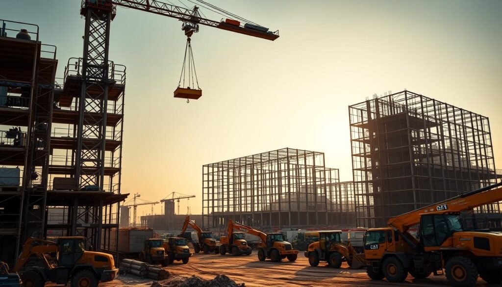 A construction site teeming with mobile equipment, bathed in warm, directional lighting that casts dynamic shadows. In the foreground, a towering crane swings a heavy load, its mechanical precision contrasting with the rugged, weathered texture of the scaffolding and earthmovers. In the middle ground, a fleet of agile, articulated loaders and excavators maneuver skillfully, their rapid movements blurred to suggest the efficient pace of the work. The background reveals the partially constructed frame of a large commercial building, its angular silhouette set against a hazy, golden-hour sky, conveying a sense of progress and the march of the project towards completion.