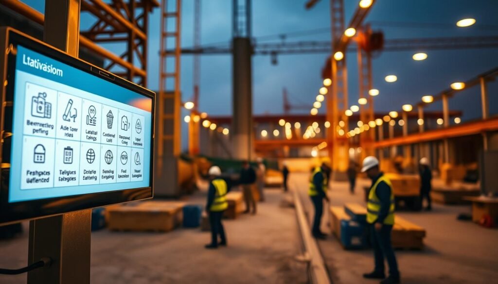 A digital construction site signage display, illuminated by warm, soft lighting from above. The signage is prominently featured in the foreground, showcasing modern, minimalist designs with clear icons and bold, legible text. In the middle ground, workers can be seen moving about, carrying equipment and organizing the site. The background is blurred, hinting at the scale and complexity of the larger construction project. The overall atmosphere conveys a sense of efficiency, organization, and technological advancement in large-scale infrastructure development.