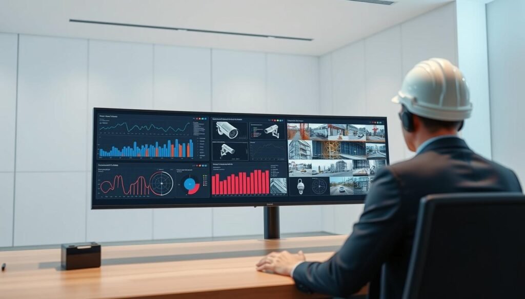 A sleek, modern control panel displaying real-time data from a network of IoT sensors monitoring a construction site. The panel shows graphs, charts, and live video feeds from strategically placed security cameras, conveying a sense of comprehensive oversight and data-driven decision-making. In the background, a minimalist, well-lit interior with clean lines and muted colors, creating a professional, high-tech atmosphere. The scene exudes a balance of technology, efficiency, and safety, perfectly capturing the essence of IoT-powered security monitoring for construction projects.