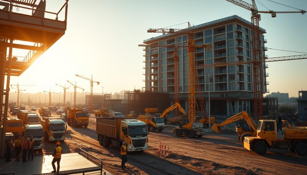 A well-organized construction site with a fleet of construction vehicles, including trucks, excavators, and cranes, all operating efficiently and in harmony. The scene is bathed in warm, golden sunlight, casting long shadows and highlighting the intricate details of the machinery. In the foreground, a group of workers monitor the site, ensuring smooth coordination and optimal resource utilization. The middle ground features a central control station, where a team of specialists oversees the entire operation, making real-time adjustments to improve productivity and safety. In the background, a modern, multi-story office building stands as a testament to the success of the project, its sleek design complementing the efficient flow of the construction activities. The overall atmosphere conveys a sense of precision, organization, and a well-executed plan for maximizing the efficiency of vehicle control in construction operations.